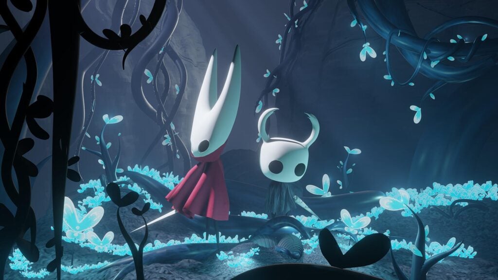 a wallpaper of the Knight and Hornet from Hollow Knight